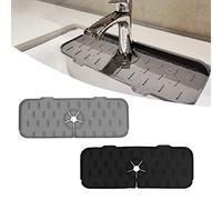 OT-NVWOZR 2pcs Silicone Faucet Mat for Kitchen Sink Splash Guard, 14.5in Sink Protector Draining Tap Mat, Faucet Handle Drip Catcher Tray Drying Pad for Kitchen Bathroom Countertop (Gray+Black)