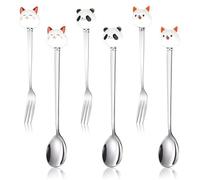 OT-NVWOZR 6pcs Cute Cat Spoons, Stainless Steel Coffee Spoon for Dessert, Cartoon Latte Ice Cream Teaspoons for Cake Tea Sugar Yogurt Milk Stirring Party (6, Spoon and Fork)