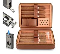 otakokit Cigar Travel Humidor, Leather Cedar Wood Cigar Case with V Cut Cigar Cutter, Cigar Holder 2 in 1, Cigar Accessory Set, Cigar Gift Set, Brown