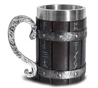 OTARTU Medieval Norse Viking Oak Wooden Beer Mug Stein with Stainless Steel Liner,Nordic Viking Runes Coffee Drink Cup for Men and Father’s Day Gift 550ml