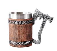 OTARTU Viking Beer Stein Mug, Imitation Wood & Iron Axe Handle,500ml Tavern Style Mug for Hot or Cold Drinks, Stainless Steel Beer Tankard for Men and Father’s Day Gift