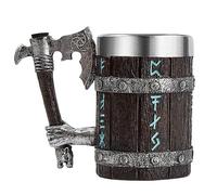 OTARTU Viking Mug Axe handle, Nordic Oak Wooden Mug,Viking Runes Beer Stein,Norse Mythology Mug Tankard Stainless Steel Insert 17oz,Viking Gift for Men