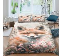 OTBSDNKZZ 3D Effect Skin Friendly Microfibre Fox in garden Bedding Quilt Cover All Season Bedding Set with Pillowcases Artistic floral style Duvet Cover Easy Care for Home Decor King（220x240cm）