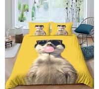OTBSDNKZZ 3D Effect Skin Friendly Microfibre Meerkat Wearing Bed Quilt Cover Soft Bedding Set with Pillowcases Funny Animal Duvet Cover All Season Breathable for Bedroom Decor Single（140x200cm）