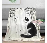 OTBSDNKZZ 3D Printed black white cat Living Room Throw Soft Warm Bedding Cosy traditional oriental painting All Season Blanket for Housewarming New Homeowners Couples 40x50inch(100x130cm)