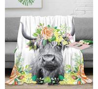 OTBSDNKZZ 3D Printed Highland cow Soft Throw Microfiber Soft Cosy Bedding Warm Floral wreath art Thermal Blanket Anti Static No Shedding for Apartment Dwellers Renters Teens 70×80inch(180x200cm)