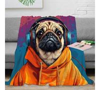 OTBSDNKZZ 3D Printed Pug with headphones Nap Blanket Microfiber Ultra Soft Warm Bedding Cartoon urban dog Bedding Throw Anti Static Fade Resistant for Adults Couples Households 60x80inch(150x200cm)