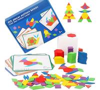 Otbushit 155Pcs Tangram Puzzle Wooden Pattern Blocks Set with 12 Double-Sided Cards, Educational Shape Matching Toy for Early Math and Creativity