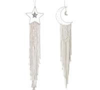 Otbushit 2PCS Dream Catcher Wall Decor Moon Star with Light 39 Inch Macrame Wall Hanging with Fringe Boho Room Decor for Girls Women