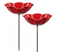 Otbushit 2PCS Red Flower Garden Stake Bird Bath Bowl - Bee Watering Station For Outside, Small Bird For Backyard Birds And Butterflies