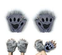 Otbushit Cat Paws 1 Pair Half Finger, Therian Paws Cute Embroidered Furry Decorative Long Plush Paw Gloves for Kids Adults Cosplay Stage Grey