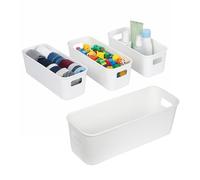 Otcboimo 4 Pack Narrow Storage Bins, 10cm Wide Slim Plastic Storage Baskets for Shelves, Kitchen Cupboard & Bathroom Cabinet Organiser, Rectangular Drawer Storage Boxes, White