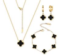 Otdwsd 18K Gold Plated Lucky Clover Jewelry Set Black White and Red Four Leaf Clove Bracelet Necklace and Earrings Fashion Birthday Gifts for Women, One Size, Stainless Steel, without gemstones