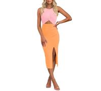 oten Women's Casual Sleeveless Cutout Twist Front Side Slit Ribbed Knit Party Bodycon Midi Dresses, Pink&orange, S