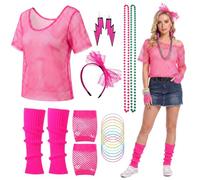 Oteovio 80s Costume Accessories Set | T-Shirt Fishnet Gloves Headband Lightning Earrings Bracelet Heart Glasses Retro Outfit for Woman Girls 90s Theme Party