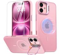 Oterkin Magnetic & Stand for iPhone 16 Plus Case with 9H Screen Protector[Fit for Magsafe][Lens Metal KickStand][Colorful Frame] Translucent Matte Back Shockproof Phone Case for iPhone 16 Plus, Pink