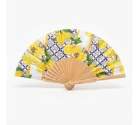 OTHERWISETRIVIAL Folding Fan in Plastic/Wood and Polyester, 23 cm Closed, 42 cm Open Solid or Patterned, Ideal for Weddings and Summer Events (Lemons 859/Wood)