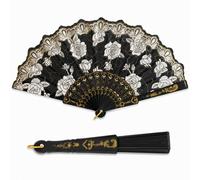 OTHERWISETRIVIAL Plastic / Wood and Polyester Folding Fan - 23 cm Closed - 42 cm Open - Plain or Patterned - Ideal for Weddings and Summer Events (Glitter Flower Black/Plastic)