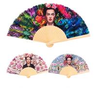 OTHERWISETRIVIAL Plastic / Wood and Polyester Folding Fan - 23 cm Closed - 42 cm Open - Plain or Patterned - Ideal for Weddings and Summer Events (Frida/Wood)