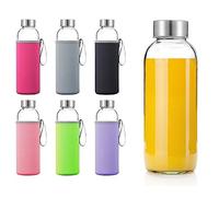 Otis Glass Water Bottles - 6 Pack w/ Sleeves & Stainless Steel Lids - For Hot & Cold Drinks, Kombucha, Juice & Tea - Water Tumbler w/ Colourful Sleeve - 18oz