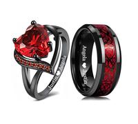 Otisfre His and Her Couple Rings Set, Celtic Dragon Men's Band & Heart Gemstone Women's Ring, Custom Engraved Promise for Anniversary Birthday Wedding Engagement Gift Set with