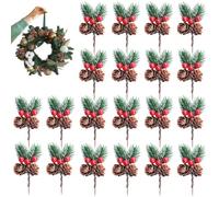 OTKARXUS Artificial Christmas Floral Picks,20Pcs Christmas Picks with Holly Berries Pine Cones Pine Branches for Xmas Wreath Making Supplies Xmas Tree Decorations Home Party Decor