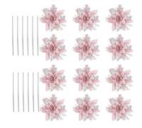 OTKARXUS Christmas Glitter Artificial Poinsettia Flowers,12PCS Xmas Tree Flowers Ornaments with 12pcs Stems for Wedding Christmas Tree Xmas Garland Wreath Decorations (Silver + Pink)