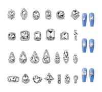 OTKARXUS Silver Nail Gems, 26PCS Geometric Oval, Drop, Square Water Drop Crystal Rhinestones, Metal Alloy & Glass Nail Decorations