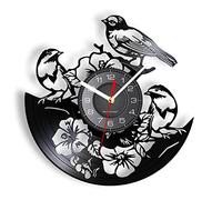OTKU Wall Clock 12 inch Tropical Peel And Stick Nature Wall Art Flowers Birds Wall Clock Birds In Tree Vinyl Record Clock Songbirds Sparrows Wall Clock For Room Decor