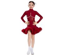 OTMYIGO Girl Latin Dress Velvet Long Sleeves Ballroom Competition Dance Dress for Latina Salsa Samba cha cha Rumba Party Show Outfit,red,140