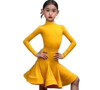 OTMYIGO Girls Long Sleeves Dance Costume, Performance Ballroom Competition Costume Salsa Tango Latin Dance Dress,Yellow,160