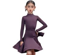 OTMYIGO Girls Long Sleeves Dance Costume, Performance Ballroom Competition Costume Salsa Tango Latin Dance Dress,Purple,160