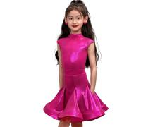 OTMYIGO Girls Shiny Metallic Latin Dance Dress, 2-Piece High Neck Cap Sleeve Competition Outfit, Salsa Rumba Performance Competition Costume,Rose red,150