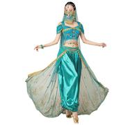 OTMYIGO Ladies Professional Belly Dance Costume Bollywood Indian Arabian Dancing Performance Cosplay Halloween Jasmine Princess FancyOutfits Suit,Blue,M