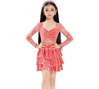 OTMYIGO Latin Dance Dress for Girl Velvet Long Sleeves Ballroom Dancewear Dance Costumes Salsa Tango Tassel Latin Party Competition Dress,Orange,130