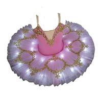 OTMYIGO Professional LED Ballet Tutu Girls Platter Pancake Tutu Ballerina Party Dress glint Ballet Dance competition Costume,Pink,110