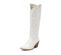 OTMYIGO Women's Embroidered Wide Calf Western Cowgril High Knee Boots,Side zipper Pointed Toe Rider Boots,White,48