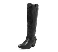 OTMYIGO Women's Embroidered Wide Calf Western Cowgril High Knee Boots,Side zipper Pointed Toe Rider Boots,Black,41
