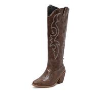 OTMYIGO Women's Embroidered Wide Calf Western Cowgril High Knee Boots,Side zipper Pointed Toe Rider Boots,Brown,46