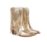 OTMYIGO Women's Fringe Mid Wide Calf Cowgirl Cowboy Boots,Sparkly Metallic Western Boots for Women Pointed Ankle Boots Fashion Party Booties,Gold,43