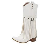 OTMYIGO Women's Fringe Mid Wide Calf Cowgirl Cowboy Boots,Vintage Autumn Winter Zipper Pointed Toe Party high-Heeled Boots,White,9 UK