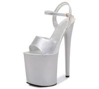 OTMYIGO Womens High Heel Platform Pole DanceSandals,Strappy Ankle Strap Peeptoe Shoes,Nightclub Dancing Model Walk High Show Sandals,Silver,6.5 UK