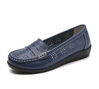 OTMYIGO Womens Leather Hollow Loafers Flat Slip on Moccasins Round Head Casual Boat Driving Shoes Lightweight Mom's Soft Sole Shoes,Blue,7 UK