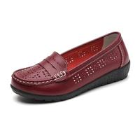 OTMYIGO Womens Leather Hollow Loafers Flat Slip on Moccasins Round Head Casual Boat Driving Shoes Lightweight Mom's Soft Sole Shoes,Wine red,9.5 UK