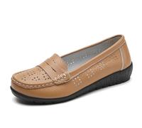 OTMYIGO Womens Leather Hollow Loafers Flat Slip on Moccasins Round Head Casual Boat Driving Shoes Lightweight Mom's Soft Sole Shoes,Khaki,9 UK