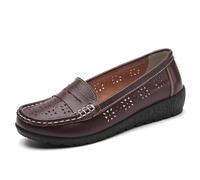 OTMYIGO Womens Leather Hollow Loafers Flat Slip on Moccasins Round Head Casual Boat Driving Shoes Lightweight Mom's Soft Sole Shoes,Brown,8 UK