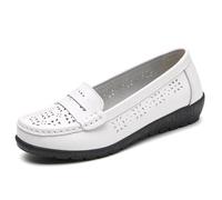OTMYIGO Womens Leather Hollow Loafers Flat Slip on Moccasins Round Head Casual Boat Driving Shoes Lightweight Mom's Soft Sole Shoes,White,9 UK