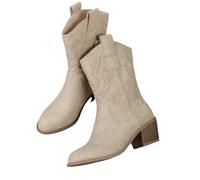 OTMYIGO Womens Mid Calf Ankle Boots,Embroidery Western Cowboy Shoes Pull on Pointed Toe Retro high Heels Short Boots,Beige,4 UK