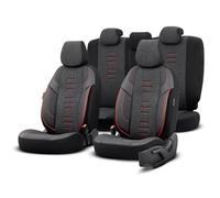 otoM Universal Linen/Leather/Fabric Seat cover set 'Throne' Black/Grey/Red - 11-pieces - compatible with Side-Airbags