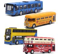 OTONOPI Bus Toy Set Double Decker London Vehicles City Sightseeing Tour School Bus Die Cast Metal Pull Back Toy Cars Friction Powered Gift for Kids Pack of 4